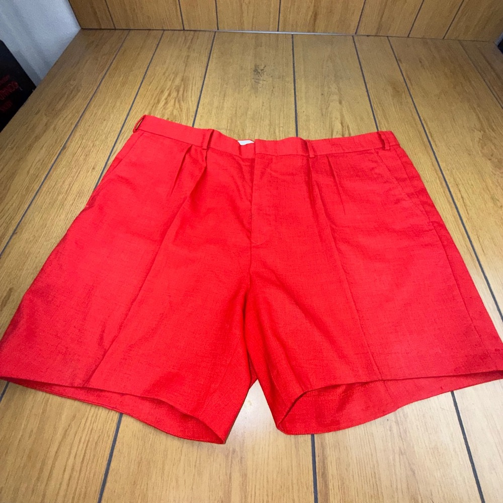 VTG Islander Linen Red Bermuda Mens 44 English Sports Shop Pleated Front